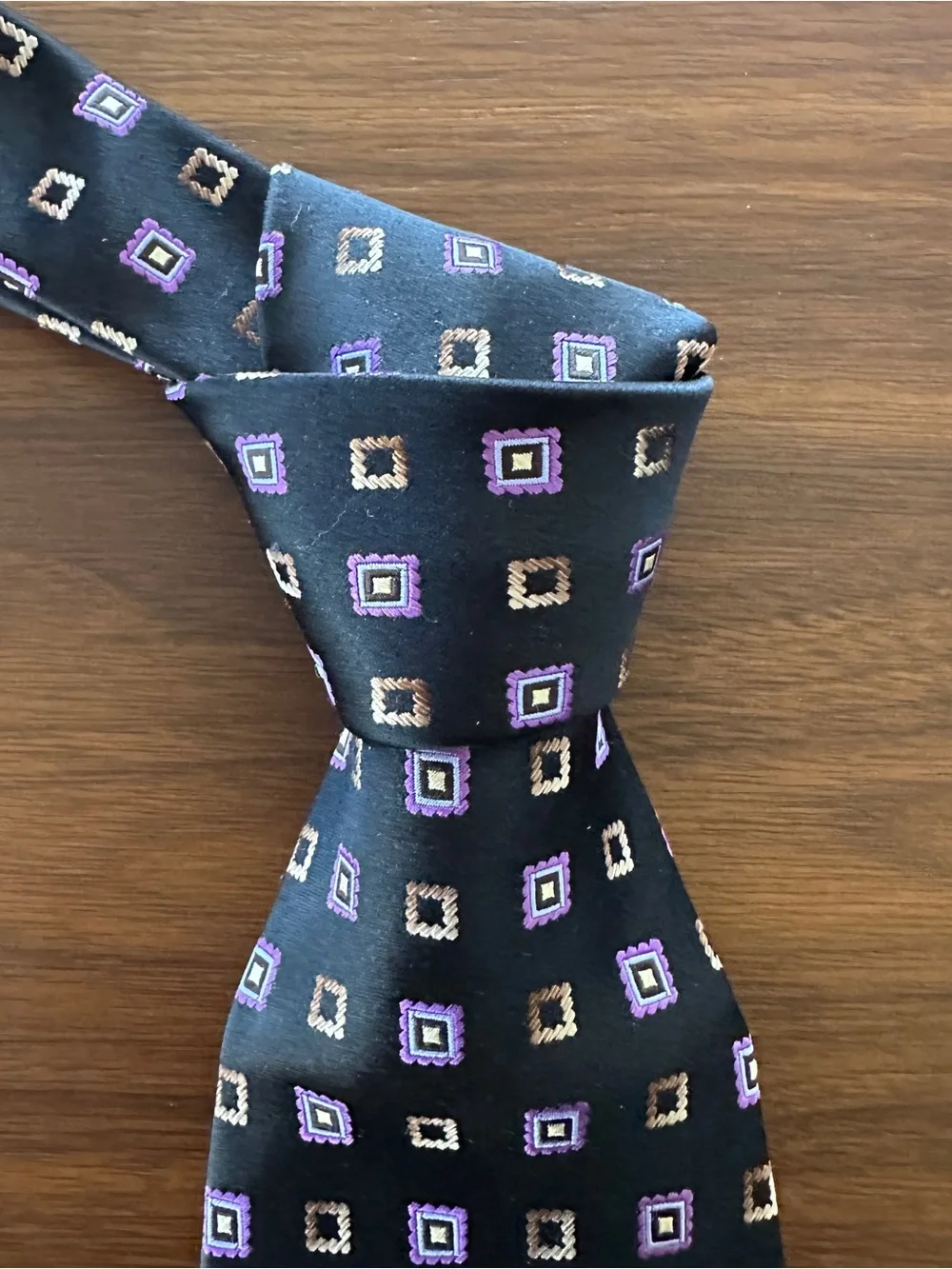 Ermenegildo Zegna Black Silk Tie with Purple and Tan Geometric Squares